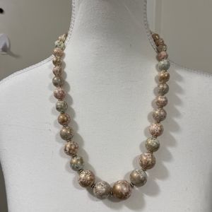 Pink White Green Gold Marbled Graduated Beads 24 Inch Necklace